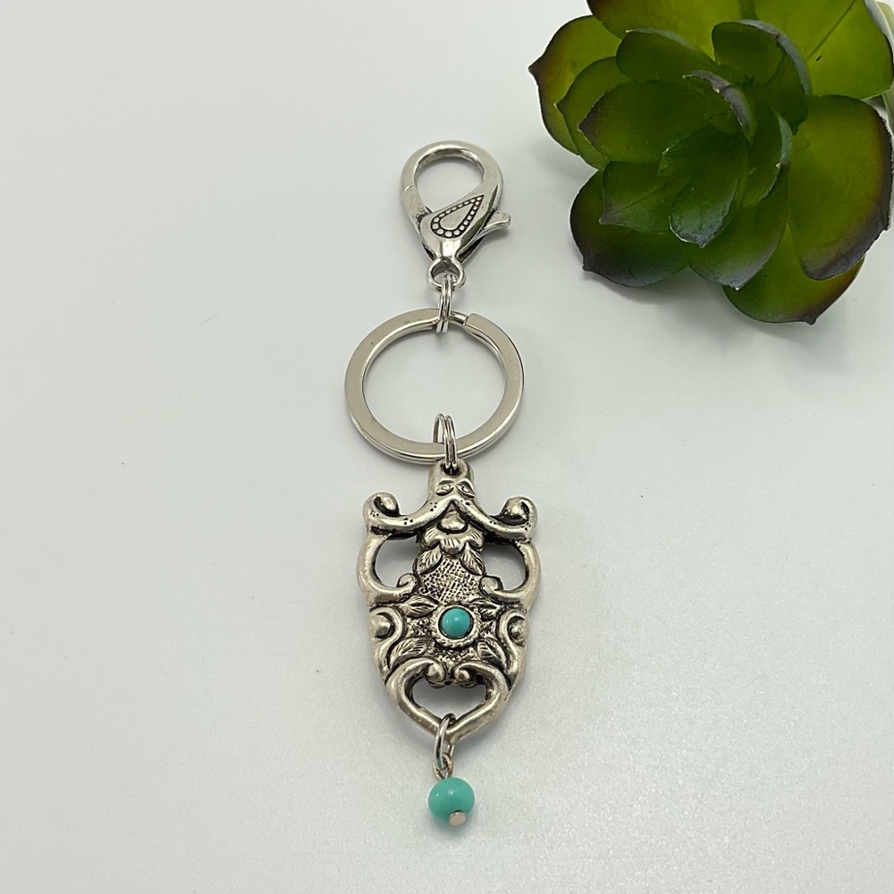 BoHo Western Keychain, Faux Turquoise & Antique Silver, Purse Charm, Key Ring - Picture 3 of 8
